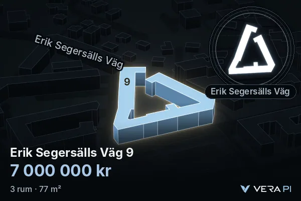 VERA PI:s bild av Erik Segersälls Väg 9: huset i 3D, upplyst i blått, och kartan runt omkring
