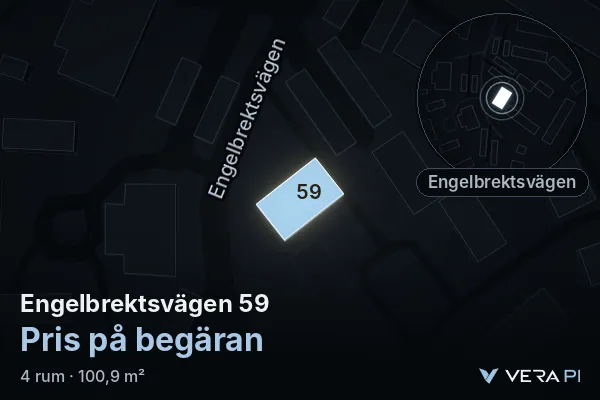 VERA PI:s bild av Engelbrektsvägen 59: huset i 3D, upplyst i blått, och kartan runt omkring