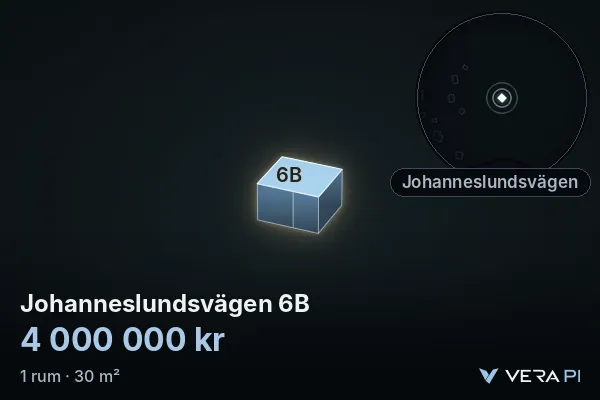 VERA PI:s bild av Johanneslundsvägen 6B: huset i 3D, upplyst i blått, och kartan runt omkring
