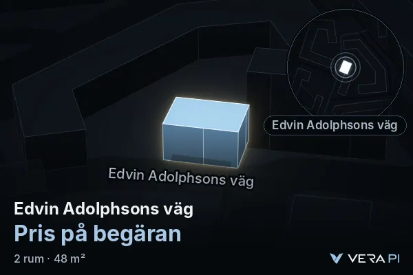 VERA PI's image of Edvin Adolphsons väg: the building in 3D, lit in blue, and the map around it