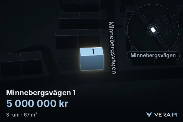 VERA PI:s bild av Minnebergsvägen 1: huset i 3D, upplyst i blått, och kartan runt omkring