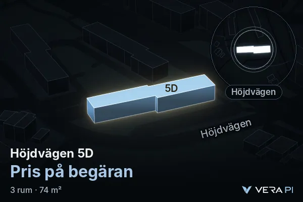 VERA PI:s bild av Höjdvägen 5D: huset i 3D, upplyst i blått, och kartan runt omkring