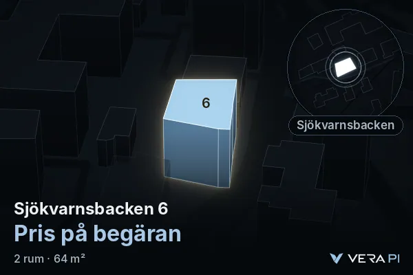 VERA PI:s bild av Sjökvarnsbacken 6: huset i 3D, upplyst i blått, och kartan runt omkring