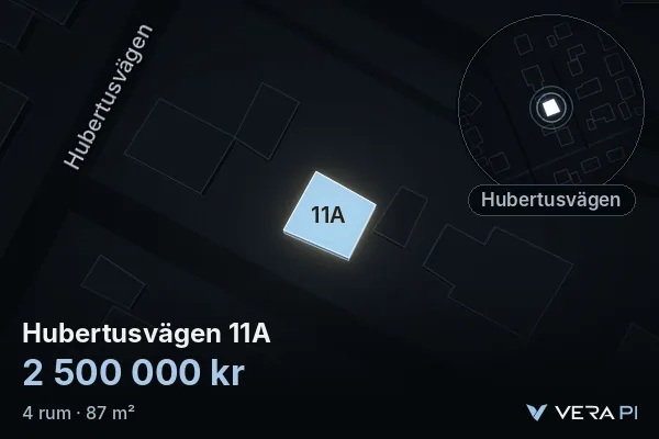 VERA PI's image of Hubertusvägen 11A: the building in 3D, lit in blue, and the map around it
