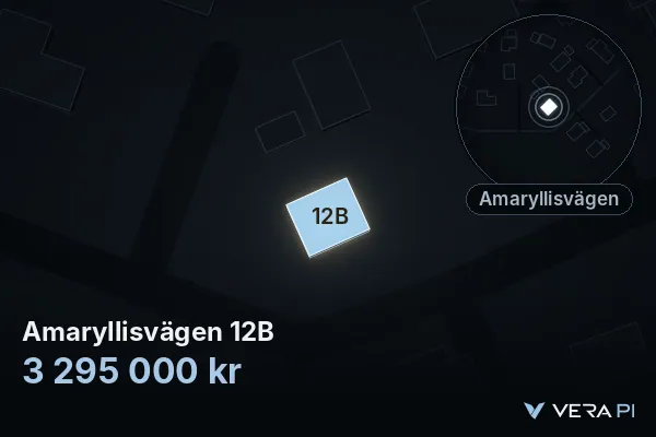 VERA PI's image of Amaryllisvägen 12B: the building in 3D, lit in blue, and the map around it