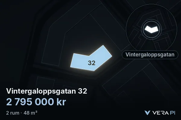 VERA PI:s bild av Vintergaloppsgatan 32: huset i 3D, upplyst i blått, och kartan runt omkring