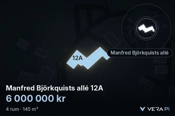 VERA PI:s bild av Manfred Björkquists allé 12A: huset i 3D, upplyst i blått, och kartan runt omkring