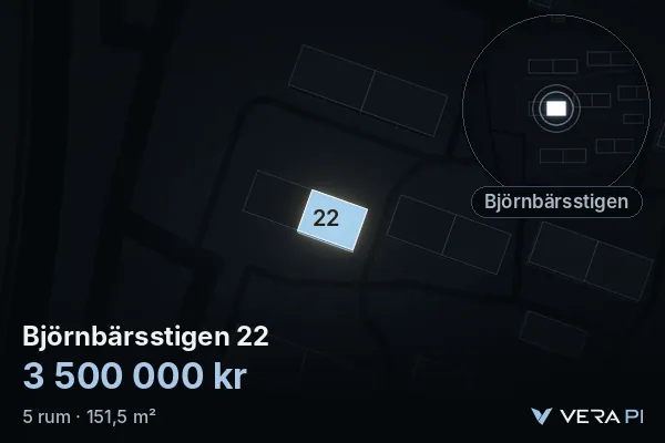 VERA PI:s bild av Björnbärsstigen 22: huset i 3D, upplyst i blått, och kartan runt omkring