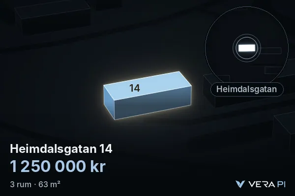 VERA PI's image of Heimdalsgatan 14: the building in 3D, lit in blue, and the map around it