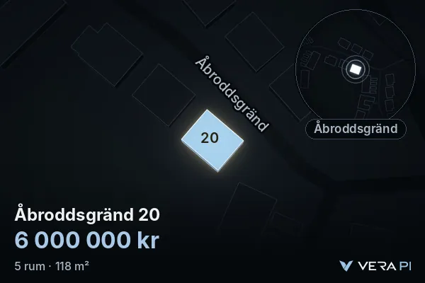 VERA PI's image of Åbroddsgränd 20: the building in 3D, lit in blue, and the map around it