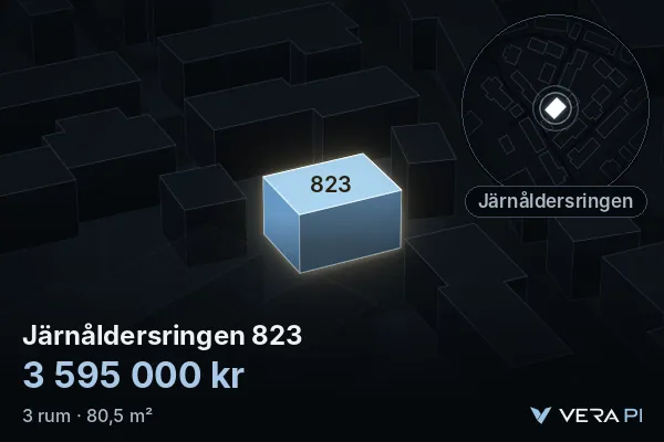 VERA PI's image of Järnåldersringen 823: the building in 3D, lit in blue, and the map around it