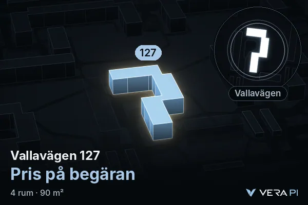 VERA PI:s bild av Vallavägen 127: huset i 3D, upplyst i blått, och kartan runt omkring