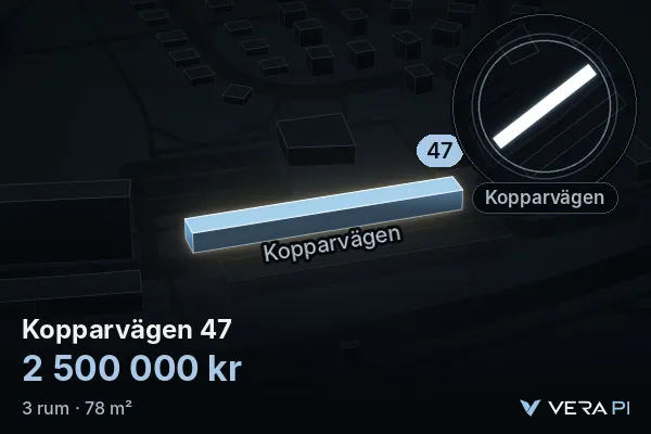 VERA PI's image of Kopparvägen 47: the building in 3D, lit in blue, and the map around it