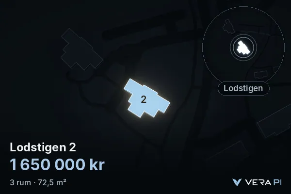 VERA PI's image of Lodstigen 2: the building in 3D, lit in blue, and the map around it