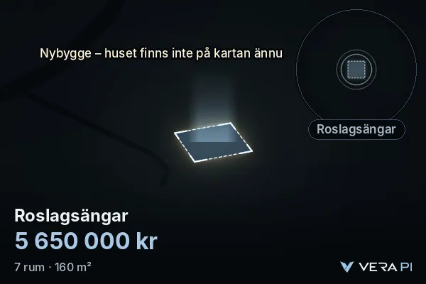 VERA PI:s bild av Roslagsängar: huset i 3D, upplyst i blått, och kartan runt omkring