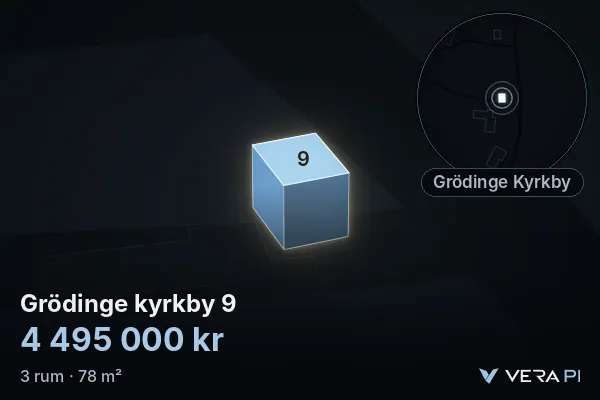 VERA PI:s bild av Grödinge kyrkby 9: huset i 3D, upplyst i blått, och kartan runt omkring