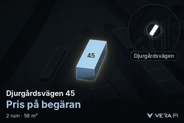 VERA PI:s bild av Djurgårdsvägen 45: huset i 3D, upplyst i blått, och kartan runt omkring
