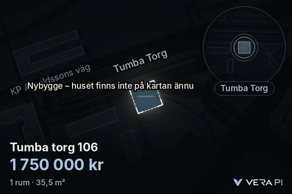 VERA PI's image of Tumba torg 106: the building in 3D, lit in blue, and the map around it