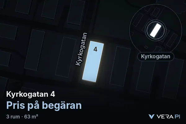 VERA PI:s bild av Kyrkogatan 4: huset i 3D, upplyst i blått, och kartan runt omkring