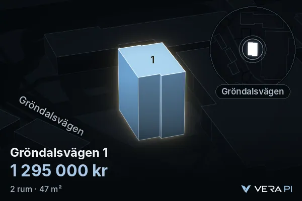 VERA PI's image of Gröndalsvägen 1: the building in 3D, lit in blue, and the map around it