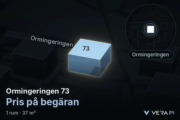 VERA PI:s bild av Ormingeringen 73: huset i 3D, upplyst i blått, och kartan runt omkring