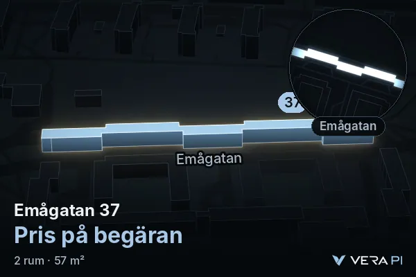 VERA PI's image of Emågatan 37: the building in 3D, lit in blue, and the map around it