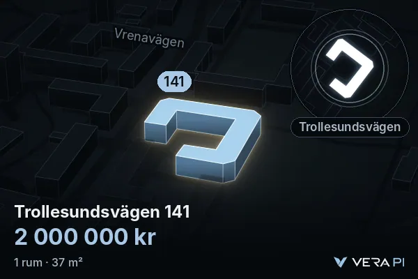 VERA PI's image of Trollesundsvägen 141: the building in 3D, lit in blue, and the map around it