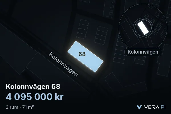 VERA PI:s bild av Kolonnvägen 68: huset i 3D, upplyst i blått, och kartan runt omkring