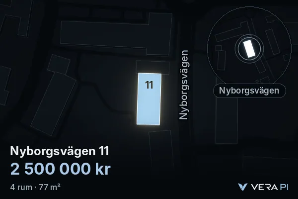 VERA PI:s bild av Nyborgsvägen 11: huset i 3D, upplyst i blått, och kartan runt omkring