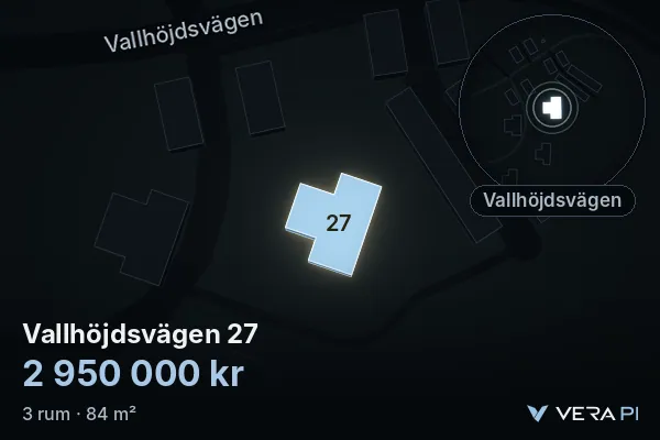 VERA PI:s bild av Vallhöjdsvägen 27: huset i 3D, upplyst i blått, och kartan runt omkring