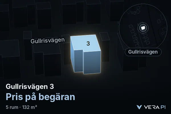 VERA PI:s bild av Gullrisvägen 3: huset i 3D, upplyst i blått, och kartan runt omkring