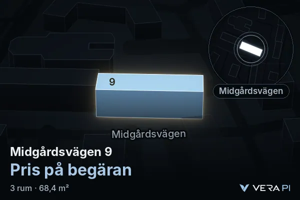VERA PI:s bild av Midgårdsvägen 9: huset i 3D, upplyst i blått, och kartan runt omkring