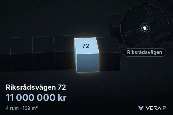 VERA PI's image of Riksrådsvägen 72: the building in 3D, lit in blue, and the map around it