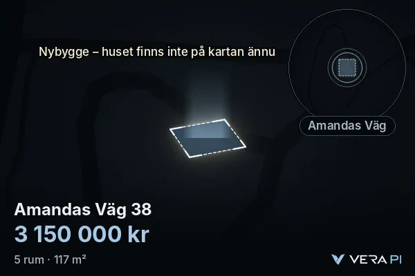 VERA PI:s bild av Amandas Väg 38: huset i 3D, upplyst i blått, och kartan runt omkring