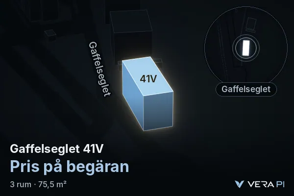 VERA PI:s bild av Gaffelseglet 41V: huset i 3D, upplyst i blått, och kartan runt omkring