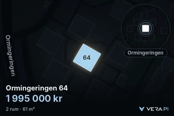 VERA PI:s bild av Ormingeringen 64: huset i 3D, upplyst i blått, och kartan runt omkring