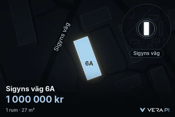 VERA PI:s bild av Sigyns väg 6A: huset i 3D, upplyst i blått, och kartan runt omkring