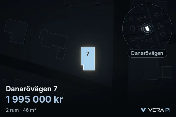 VERA PI's image of Danarövägen 7: the building in 3D, lit in blue, and the map around it