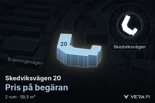 VERA PI's image of Skedviksvägen 20: the building in 3D, lit in blue, and the map around it