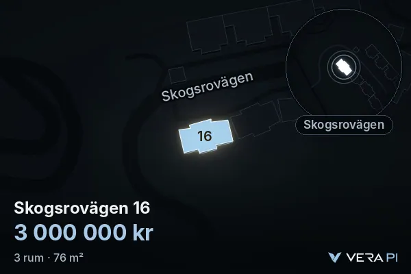 VERA PI's image of Skogsrovägen 16: the building in 3D, lit in blue, and the map around it