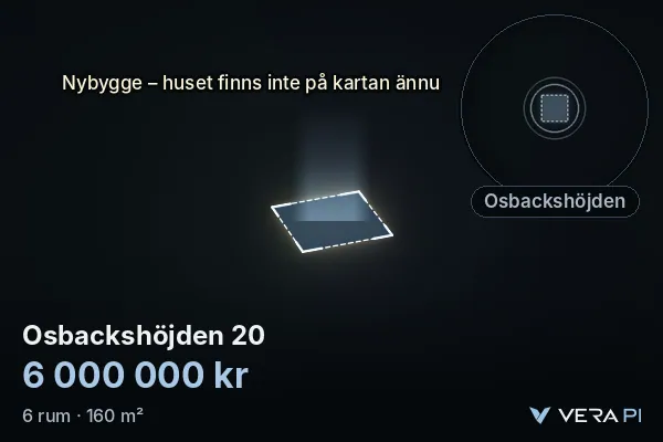 VERA PI:s bild av Osbackshöjden 20: huset i 3D, upplyst i blått, och kartan runt omkring