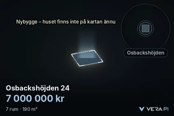 VERA PI:s bild av Osbackshöjden 24: huset i 3D, upplyst i blått, och kartan runt omkring