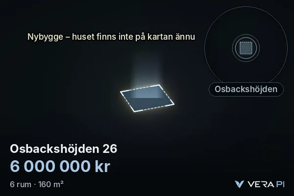 VERA PI:s bild av Osbackshöjden 26: huset i 3D, upplyst i blått, och kartan runt omkring