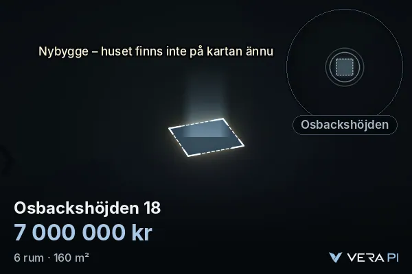VERA PI:s bild av Osbackshöjden 18: huset i 3D, upplyst i blått, och kartan runt omkring