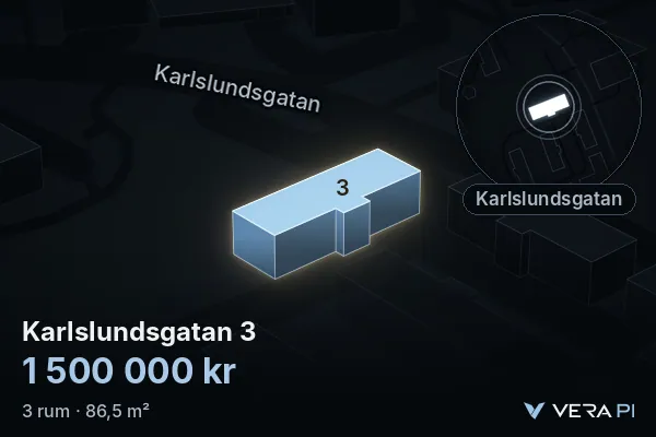 VERA PI:s bild av Karlslundsgatan 3: huset i 3D, upplyst i blått, och kartan runt omkring