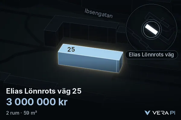 VERA PI's image of Elias Lönnrots väg 25: the building in 3D, lit in blue, and the map around it