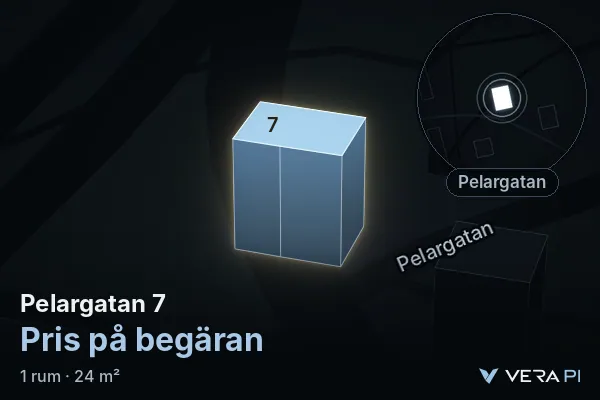 VERA PI's image of Pelargatan 7: the building in 3D, lit in blue, and the map around it