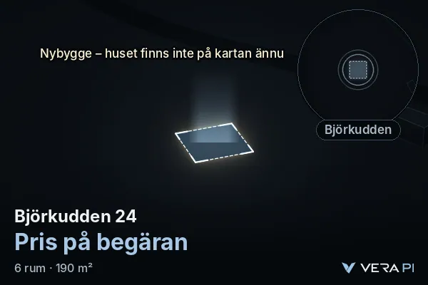 VERA PI's image of Björkudden 24: the building in 3D, lit in blue, and the map around it