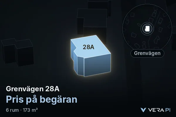 VERA PI:s bild av Grenvägen 28A: huset i 3D, upplyst i blått, och kartan runt omkring