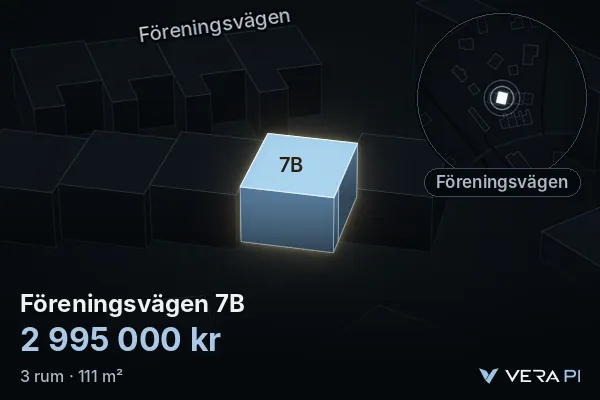 VERA PI's image of Föreningsvägen 7B: the building in 3D, lit in blue, and the map around it
